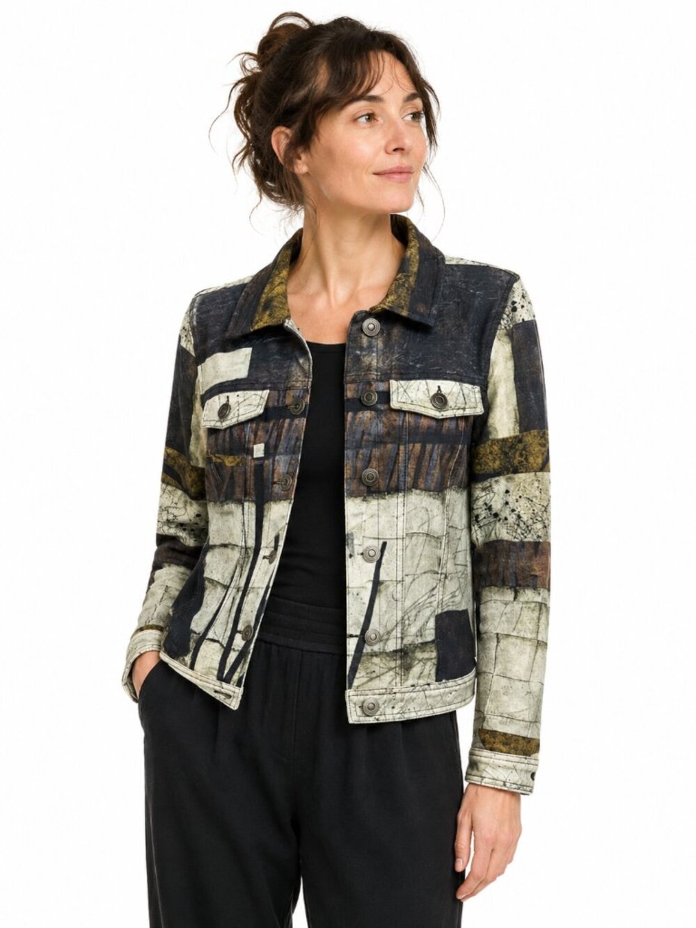 Simply Art by Dolcezza Trucker Jacket Art to Wear Abstract Artsy Stretchy Size S